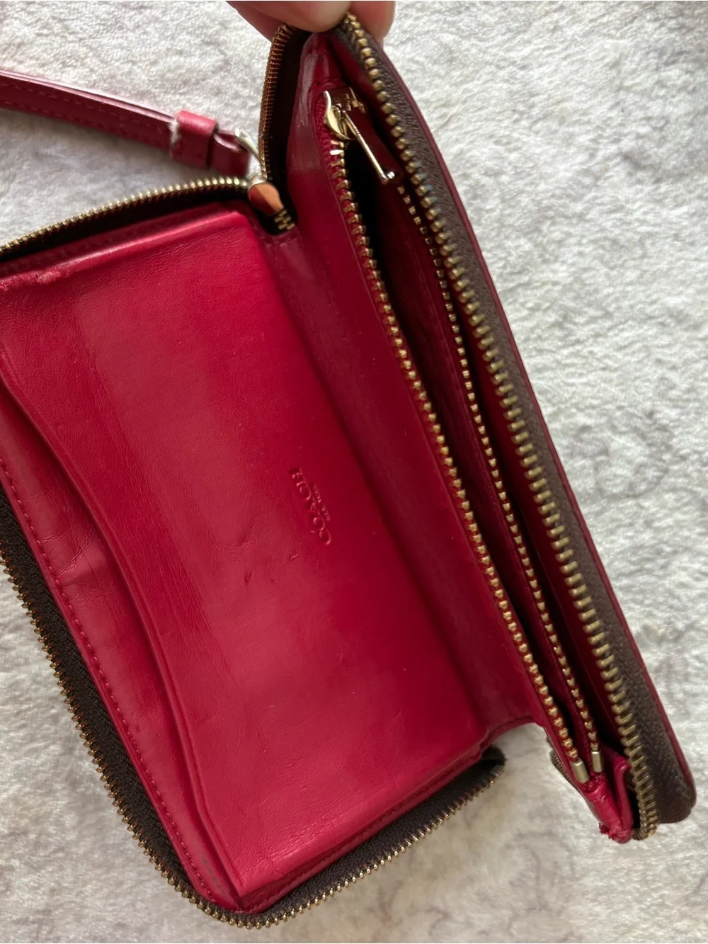Coach Brown and Black Pebbled Leather Zip Wallet with Gold Logo